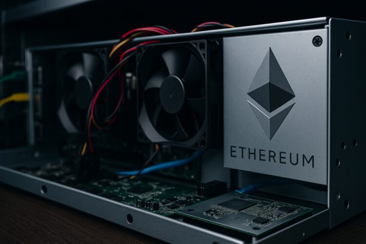 Servidor abierto con hardware y logotipo de Ethereum en panel metálico, reflejando enfoque en privacidad.