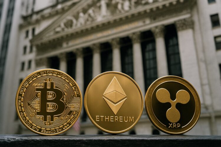 Monedas físicas de Bitcoin, Ethereum y XRP frente a la fachada de la Bolsa de Nueva York.