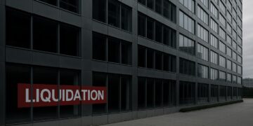 Fachada de rascacielos corporativo vacío con gran letrero rojo de liquidación por bancarrota en ventana