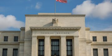 Edificio de la Fed en Washington con fachada de mármol y bandera estadounidense ondeando