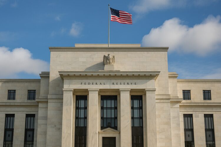 Edificio de la Fed en Washington con fachada de mármol y bandera estadounidense ondeando