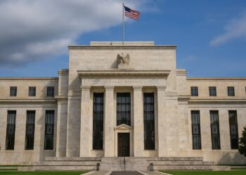  Fachada del edificio de la Reserva Federal en Washington con bandera estadounidense ondeando
