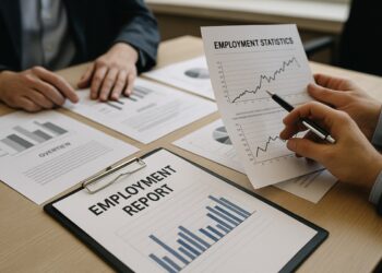 Analistas revisan documentos impresos de empleo en EE.UU.