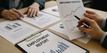 Analistas revisan documentos impresos de empleo en EE.UU.