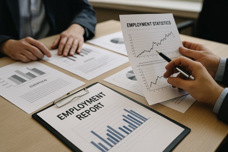 Analistas revisan documentos impresos de empleo en EE.UU.