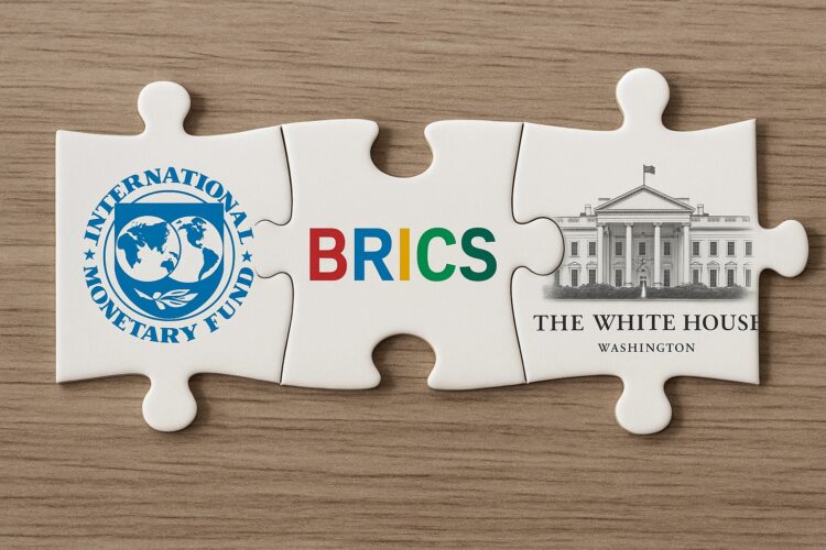 Tres piezas de rompecabezas con símbolos del FMI, BRICS y la Casa Blanca sobre superficie de madera