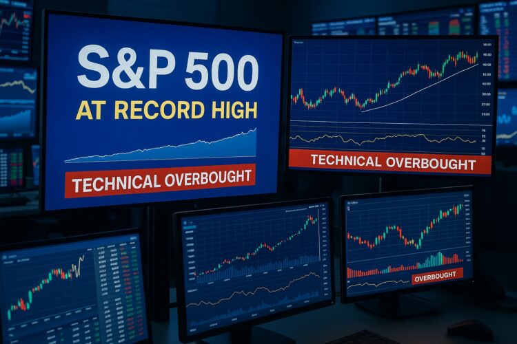 Pantallas en sala de operaciones mostrando S&P 500 en récord con alertas técnicas de sobrecompra