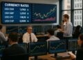 Operadores de bolsa en sala de trading observan pantallas con cotizaciones de dólar y acciones en tiempo real