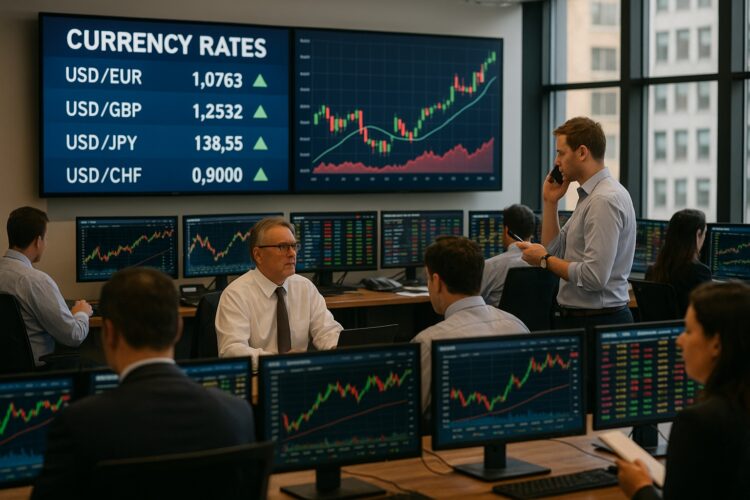 Operadores de bolsa en sala de trading observan pantallas con cotizaciones de dólar y acciones en tiempo real