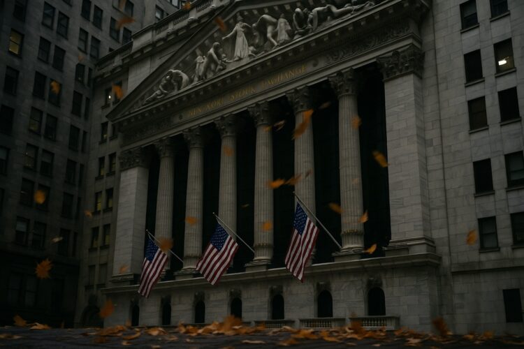 Fachada de la Bolsa de Nueva York con banderas y hojas otoñales cayendo en una atmósfera sobria de septiembre.