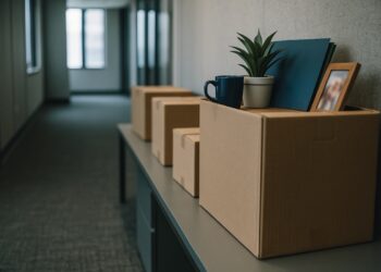Cajas personales en pasillo de oficina vacía que reflejan el aumento de solicitudes de desempleo.