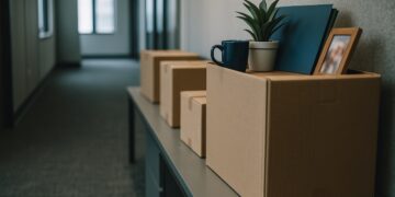 Cajas personales en pasillo de oficina vacía que reflejan el aumento de solicitudes de desempleo.