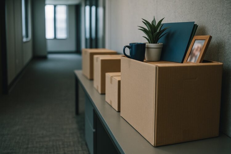 Cajas personales en pasillo de oficina vacía que reflejan el aumento de solicitudes de desempleo.