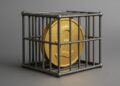 Stablecoins con símbolo de libra esterlina encerrada en una jaula metálica gris