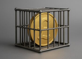 Stablecoins con símbolo de libra esterlina encerrada en una jaula metálica gris