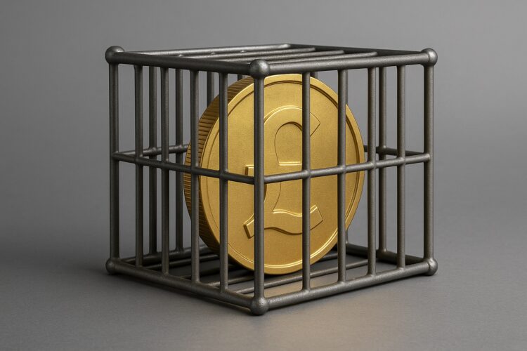 Stablecoins con símbolo de libra esterlina encerrada en una jaula metálica gris