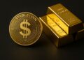 Moneda digital estable dorada junto a barras físicas de oro sobre fondo oscuro