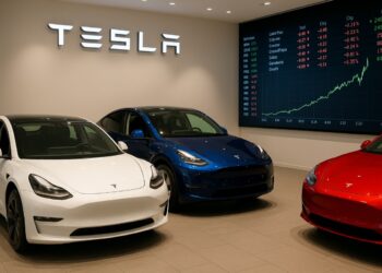 Concesionario Tesla con autos eléctricos y tablero digital bursátil reflejando tendencia alcista.
