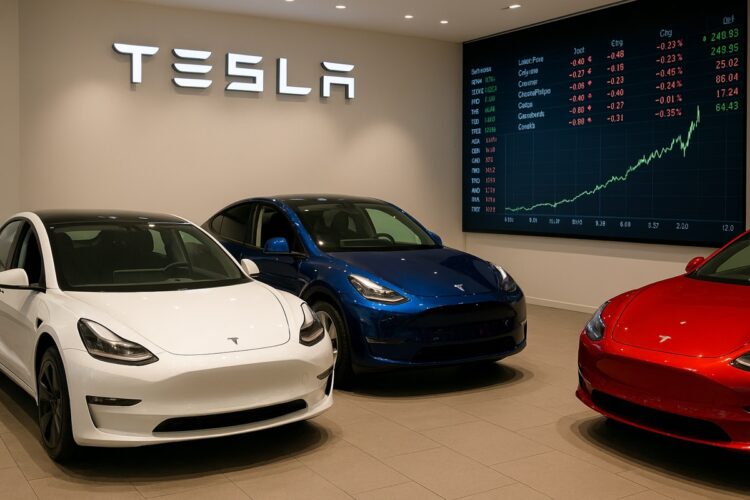 Concesionario Tesla con autos eléctricos y tablero digital bursátil reflejando tendencia alcista.