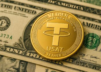 Moneda dorada de Tether sobre billetes de dólar, simbolizando el lanzamiento del nuevo token USAT