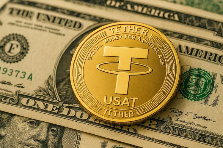 Moneda dorada de Tether sobre billetes de dólar, simbolizando el lanzamiento del nuevo token USAT