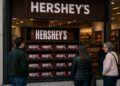Clientes observan estantes llenos de chocolates Hershey en la fachada de una tienda iluminada