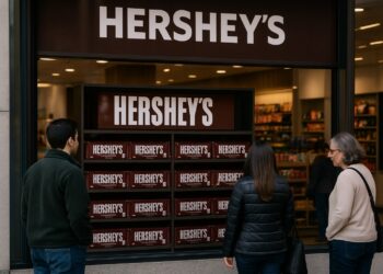 Clientes observan estantes llenos de chocolates Hershey en la fachada de una tienda iluminada