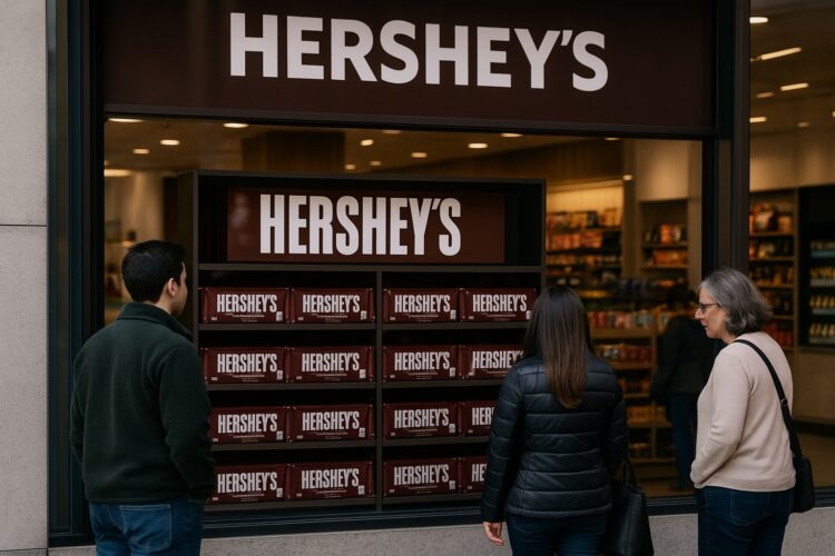 Clientes observan estantes llenos de chocolates Hershey en la fachada de una tienda iluminada