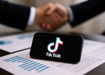 Smartphone con logo de TikTok sobre documentos financieros y un acuerdo en segundo plano.