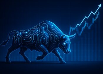 Toro metálico iluminado por circuitos digitales avanzando frente a un gráfico bursátil ascendente