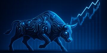Toro metálico iluminado por circuitos digitales avanzando frente a un gráfico bursátil ascendente