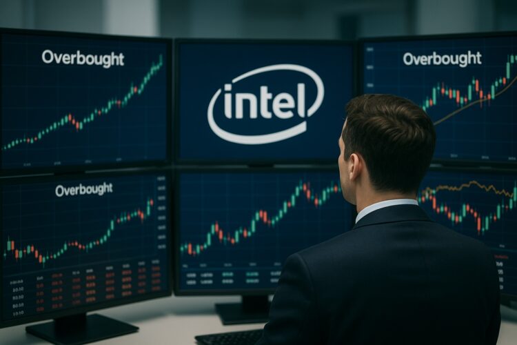 Hombre de traje observa varias pantallas con logo de Intel y gráficos de sobrecompra bursátil