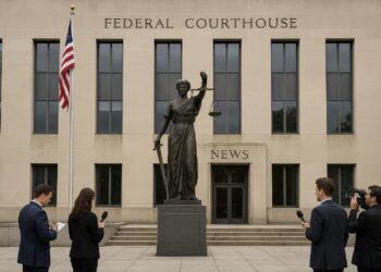 Fachada de tribunal federal en Washington con estatua de la justicia y bandera estadounidense