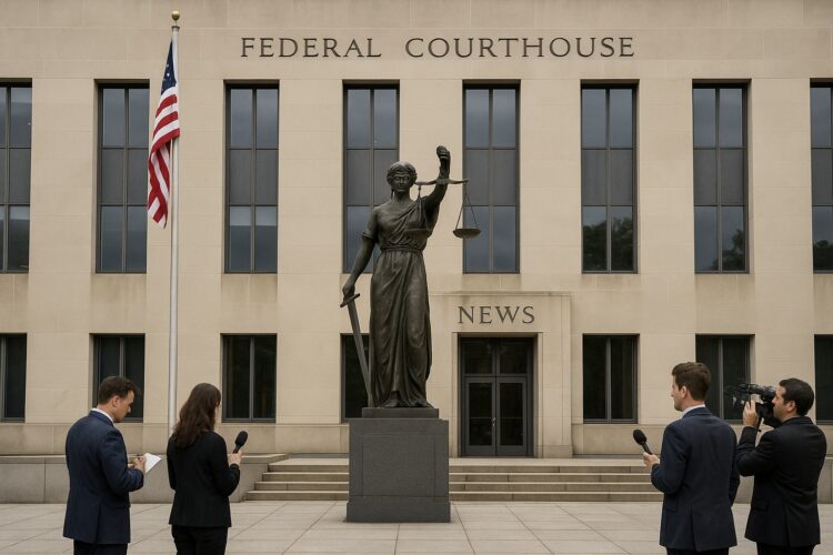 Fachada de tribunal federal en Washington con estatua de la justicia y bandera estadounidense