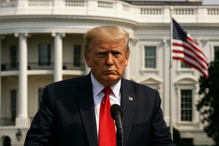 Donald Trump con semblante serio frente a la Casa Blanca durante conferencia de prensa con bandera ondeando