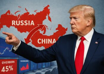 Donald Trump señalando mapas de Rusia y China conectados por flechas rojas en un montaje editorial