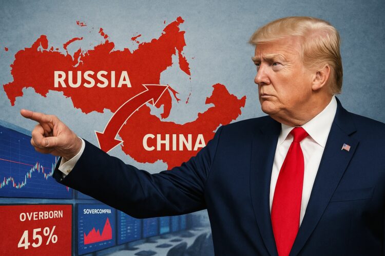 Donald Trump señalando mapas de Rusia y China conectados por flechas rojas en un montaje editorial