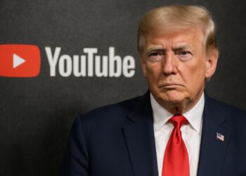 Donald Trump en primer plano con el logo de YouTube al fondo, simbolizando el acuerdo millonario.