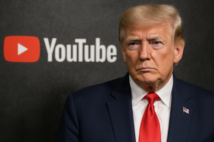 Donald Trump en primer plano con el logo de YouTube al fondo, simbolizando el acuerdo millonario.