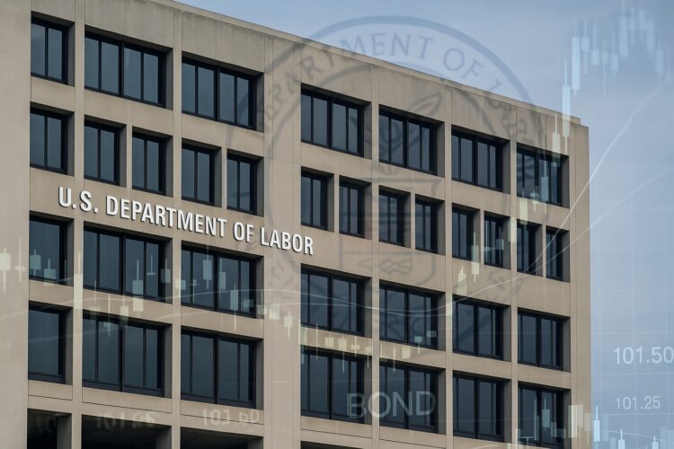 Fachada del U.S. Department of Labor con sello difuminado y gráficos financieros superpuestos