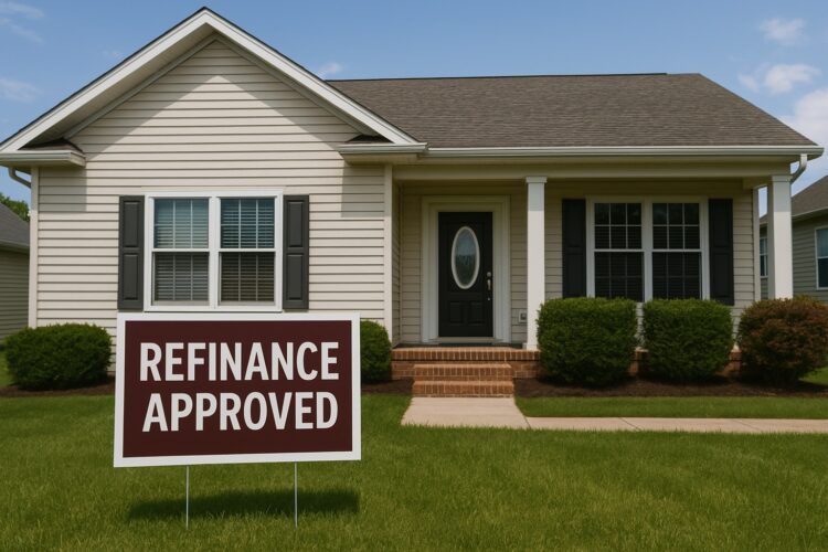 Casa suburbana con fachada beige y letrero en césped que dice Refinance Approved