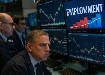 Traders de Wall Street observan pantallas con gráficos de empleo y caídas en mercados financieros