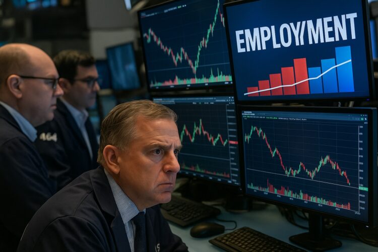 Traders de Wall Street observan pantallas con gráficos de empleo y caídas en mercados financieros