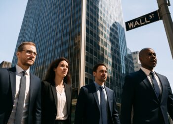 Grupo de ejecutivos con traje camina frente a un rascacielos en Wall Street bajo cielo despejado