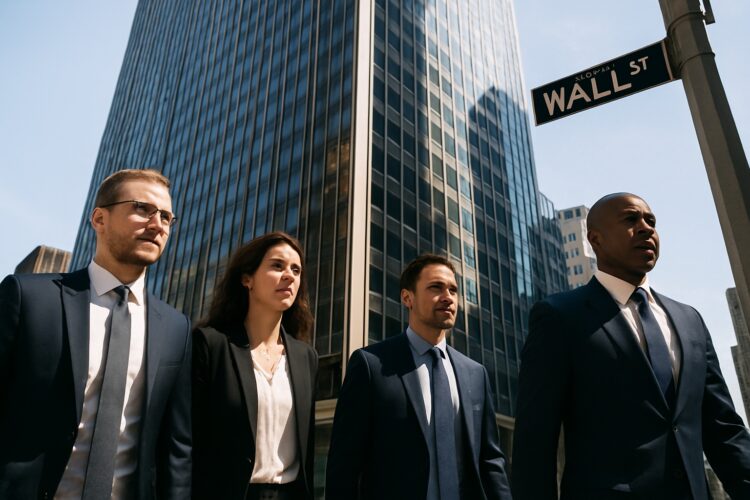 Grupo de ejecutivos con traje camina frente a un rascacielos en Wall Street bajo cielo despejado