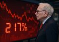 Warren Buffett observa un panel bursátil rojo con velas bajistas y la cifra 217% destacada