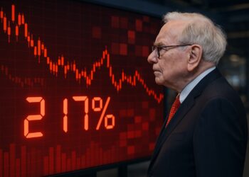 Warren Buffett observa un panel bursátil rojo con velas bajistas y la cifra 217% destacada