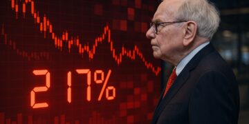 Warren Buffett observa un panel bursátil rojo con velas bajistas y la cifra 217% destacada