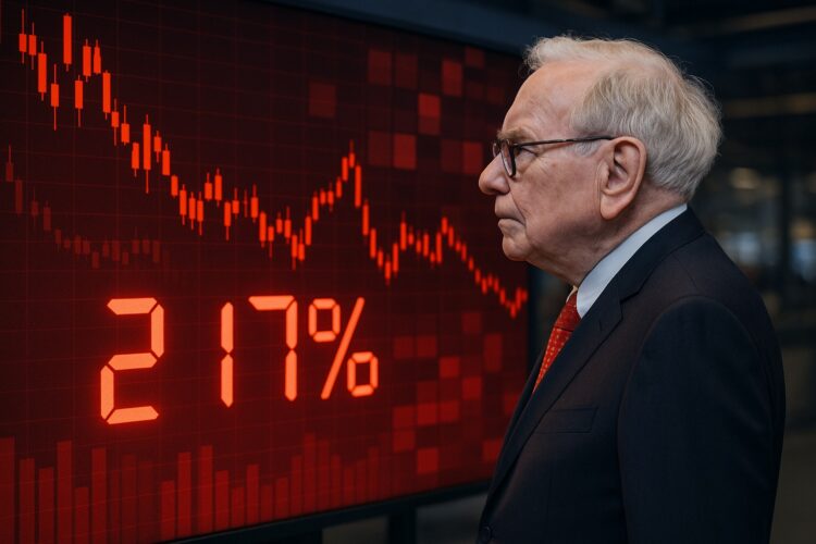 Warren Buffett observa un panel bursátil rojo con velas bajistas y la cifra 217% destacada