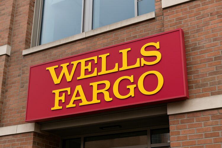 Fachada de un edificio bancario con el letrero rojo y amarillo de Wells Fargo en primer plano